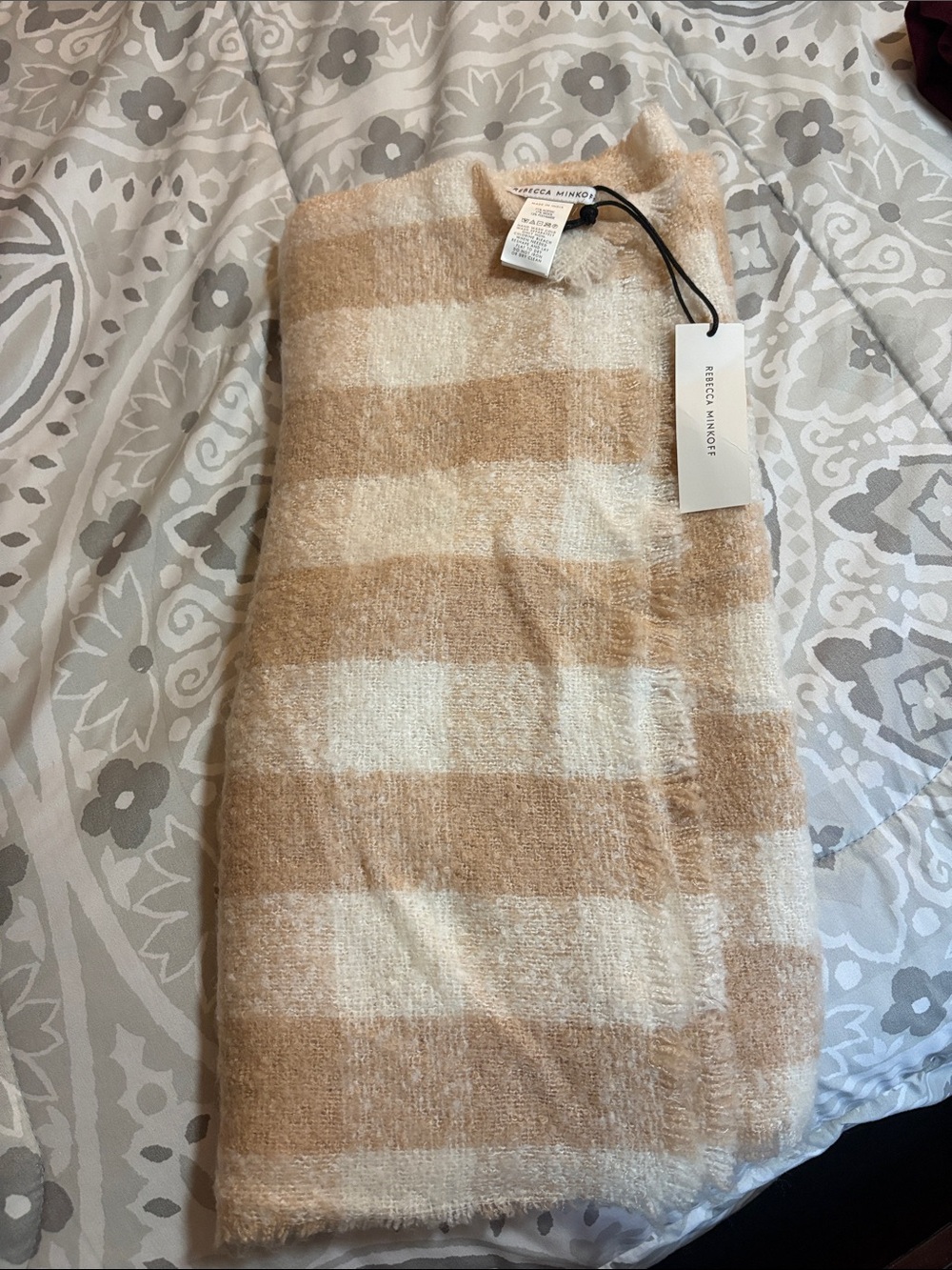 Rebecca Minkoff Beige & Cream Plaid Knit Scarf